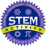 S.T.E.M. activity CuriOdyssey Circle badge with words science, technology, engineering, math. STEM activity CuriOdyssey.