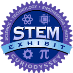 S.T.E.M. exhibit at CuriOdyssey Circle badge with words science, technology, engineering, math. STEM exhibit CuriOdyssey.