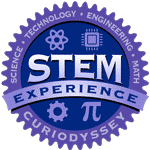 S.T.E.M. experience CuriOdyssey Circle badge with words science, technology, engineering, math. STEM experience CuriOdyssey.