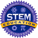 STEM education badge 150 Circle badge with words science, technology, engineering, math. STEM education CuriOdyssey.